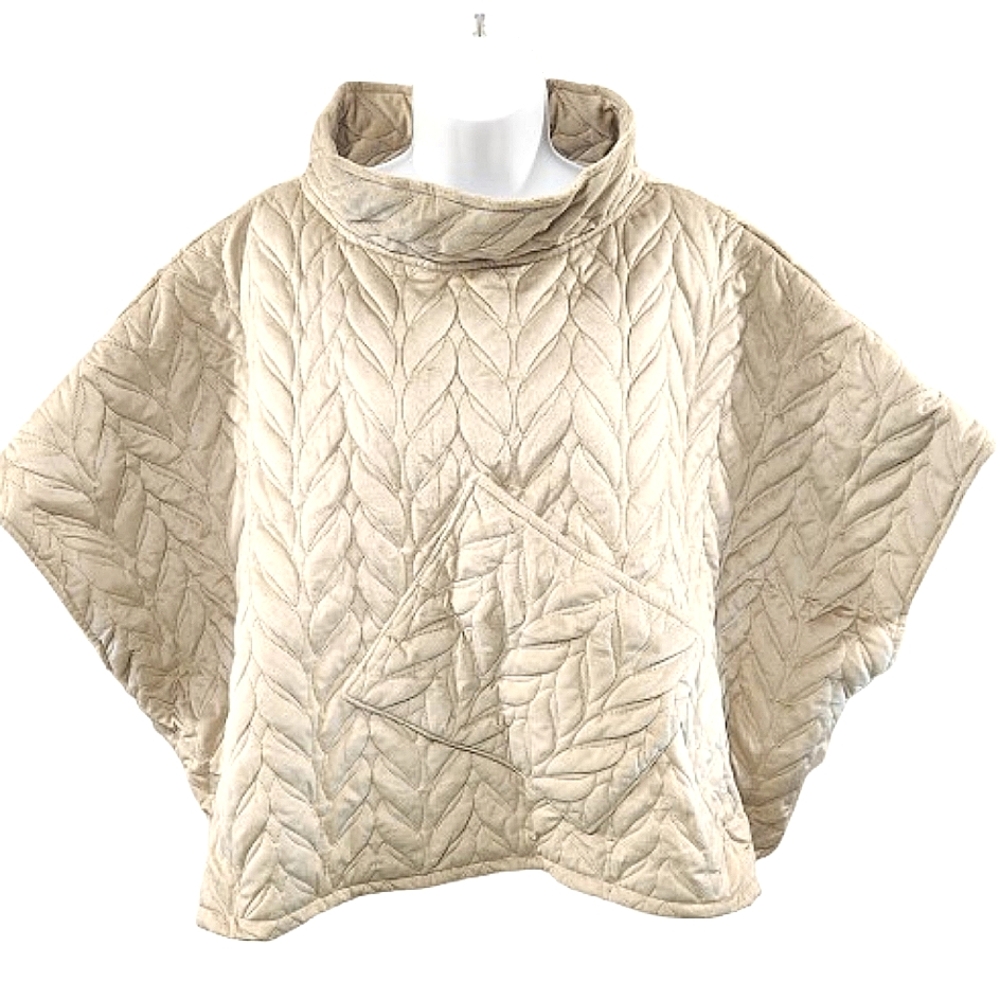 World Market Lounge Beige Quilted Oversized Large Pocket Open Mock Neck Poncho